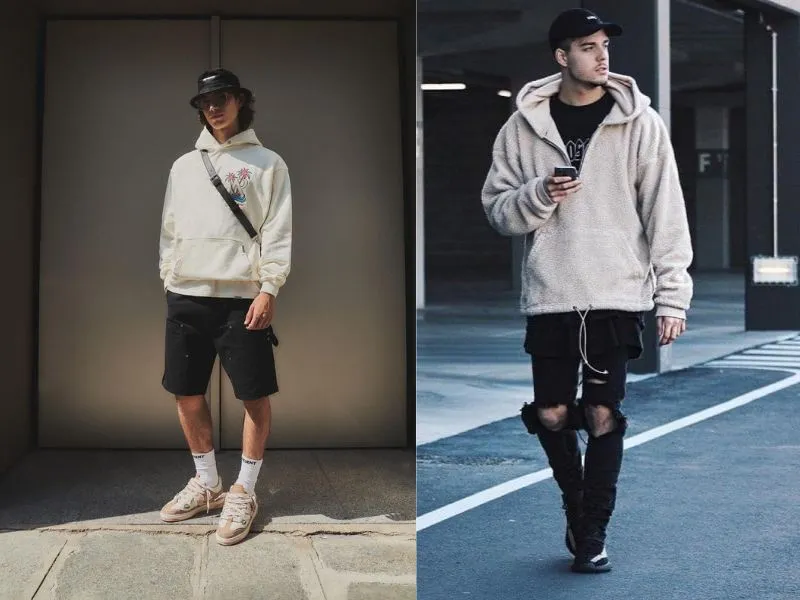 Chiếc áo hoodie màu xám đậm với mũ trùm đầu.