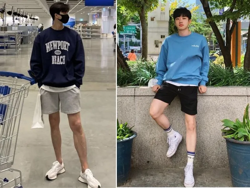 Cách phối đồ layering với áo sweater bên ngoài và áo phông bên trong.