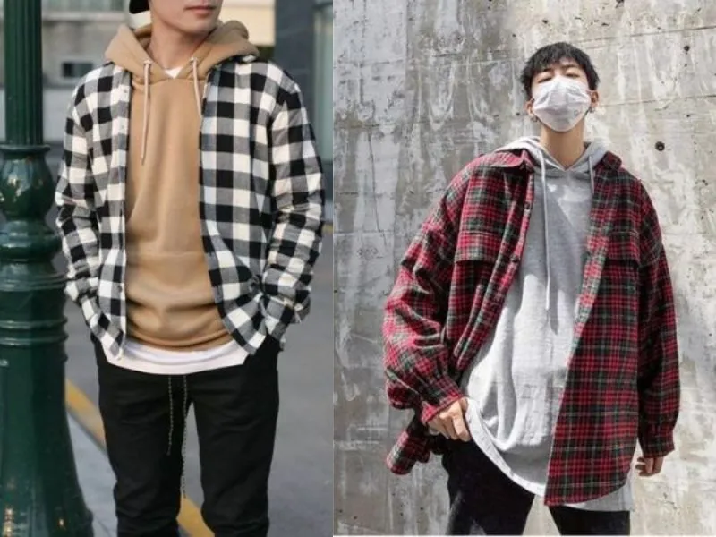 Cách phối đồ streetwear kết hợp áo sơ mi và áo hoodie.