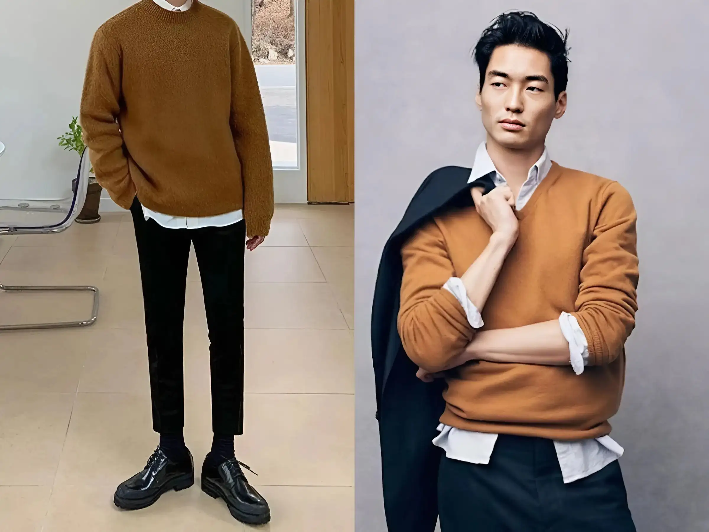 Boot quân đội + layering áo sơ mi + sweater