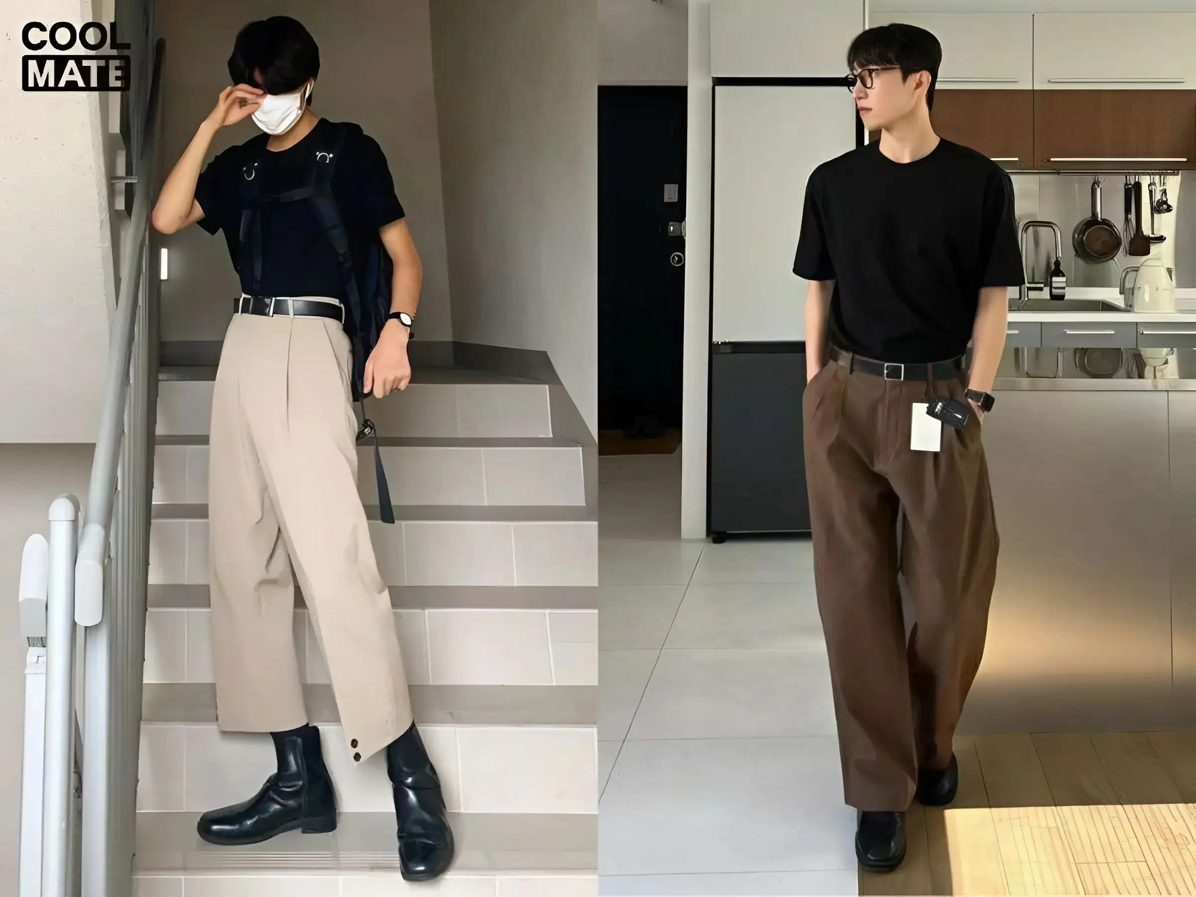 Chelsea boot đen + quần âu xám + áo thun basic