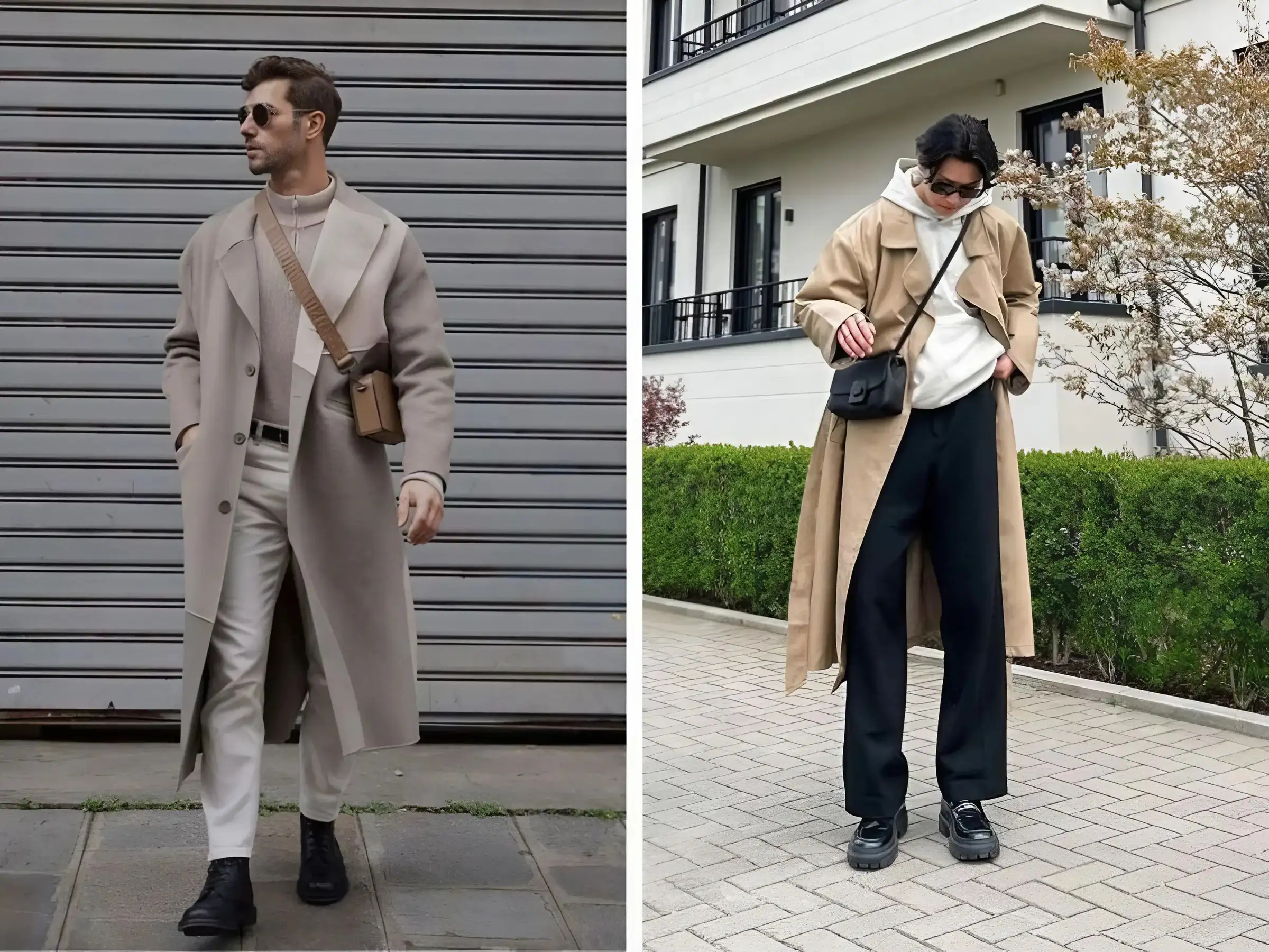 Boot + trench coat dài + túi đeo chéo