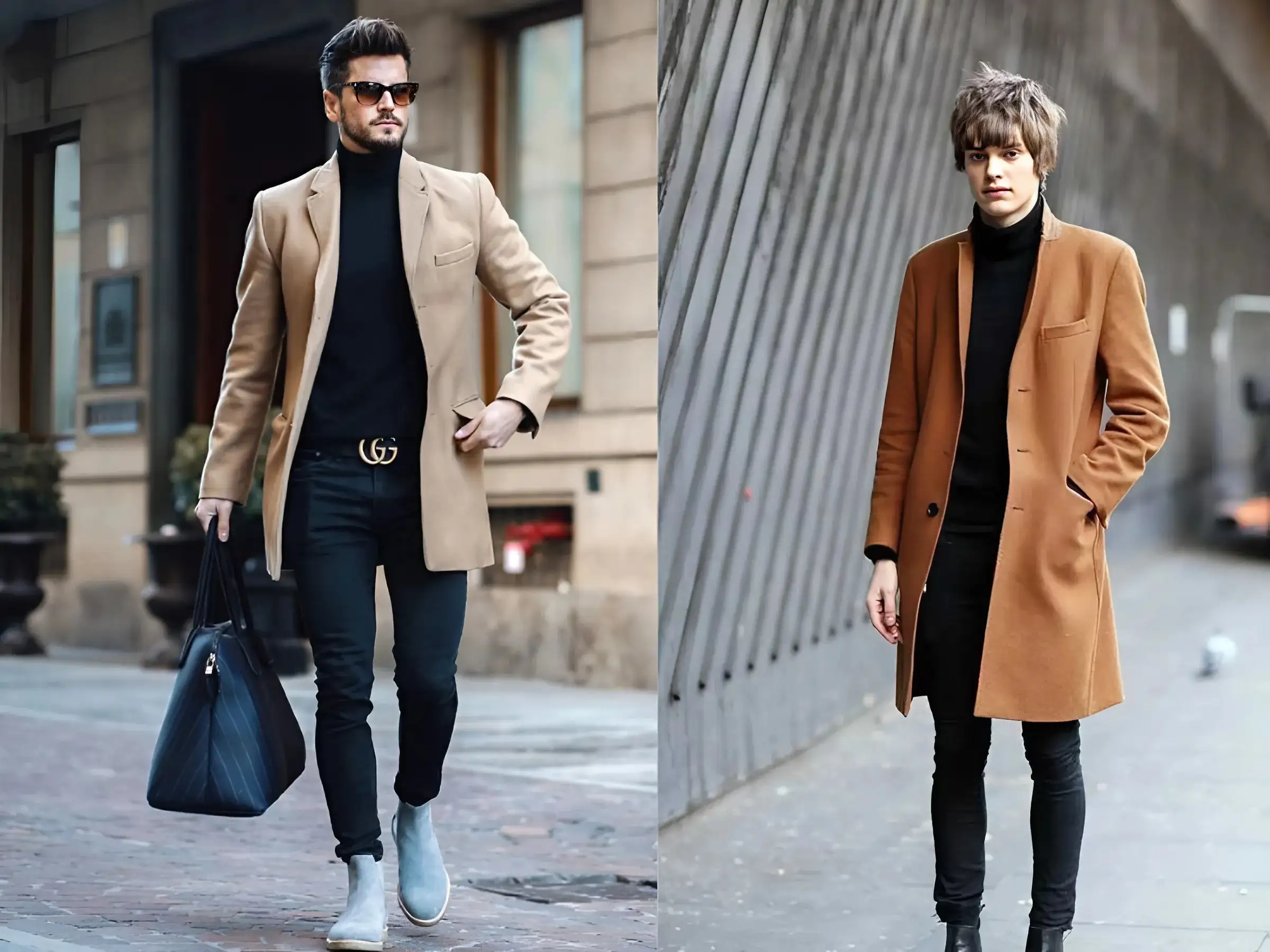 Boot lót lông + quần skinny + áo len cổ lọ + áo dạ