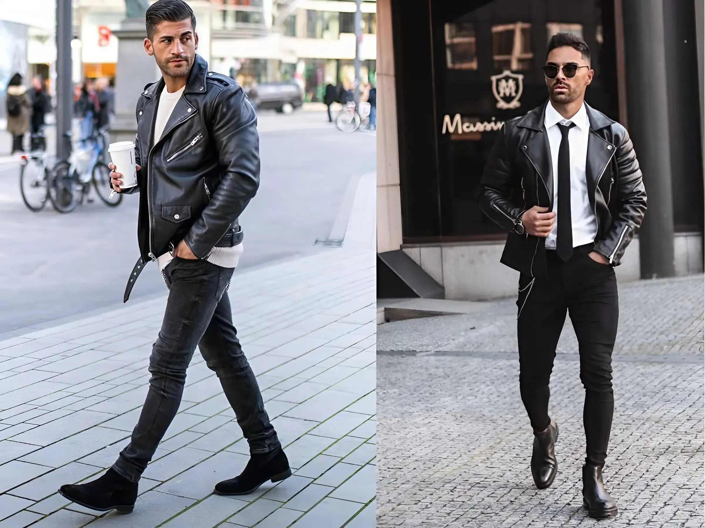 Chelsea boot + quần slim fit đen + áo da biker