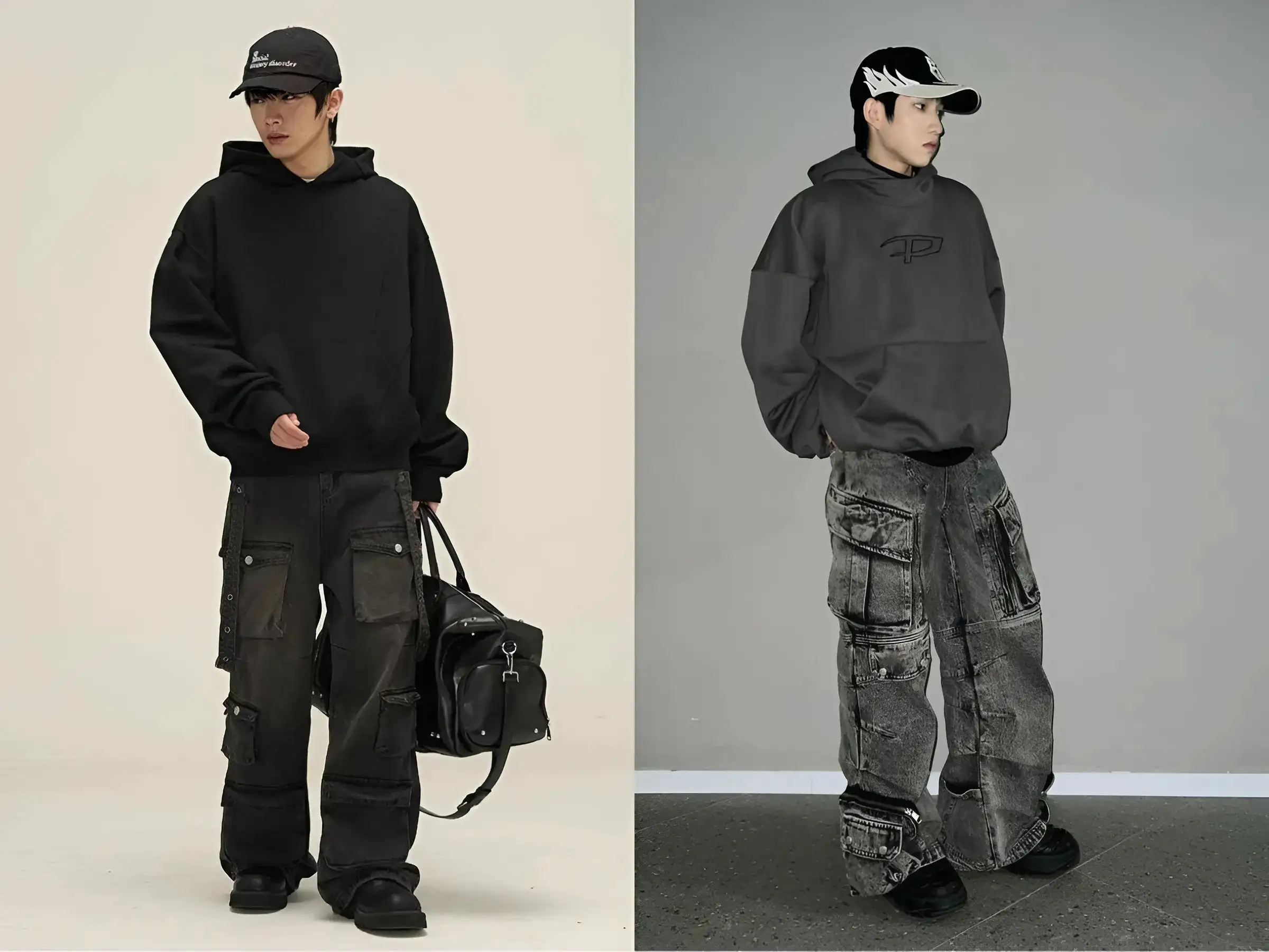 Chunky boot + hoodie oversized + quần cargo