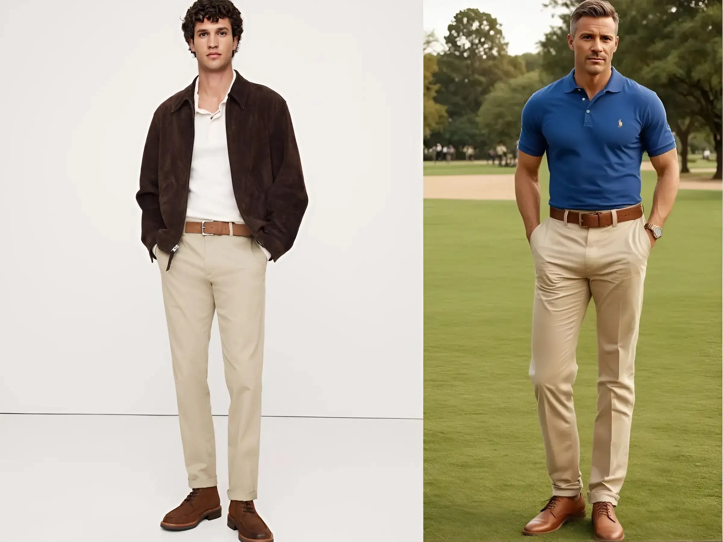 Boot nâu + quần chinos kem + áo polo
