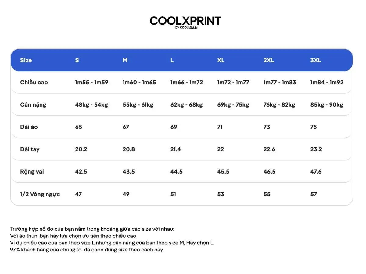 Bảng size áo polo đồng phục CoolxPrint