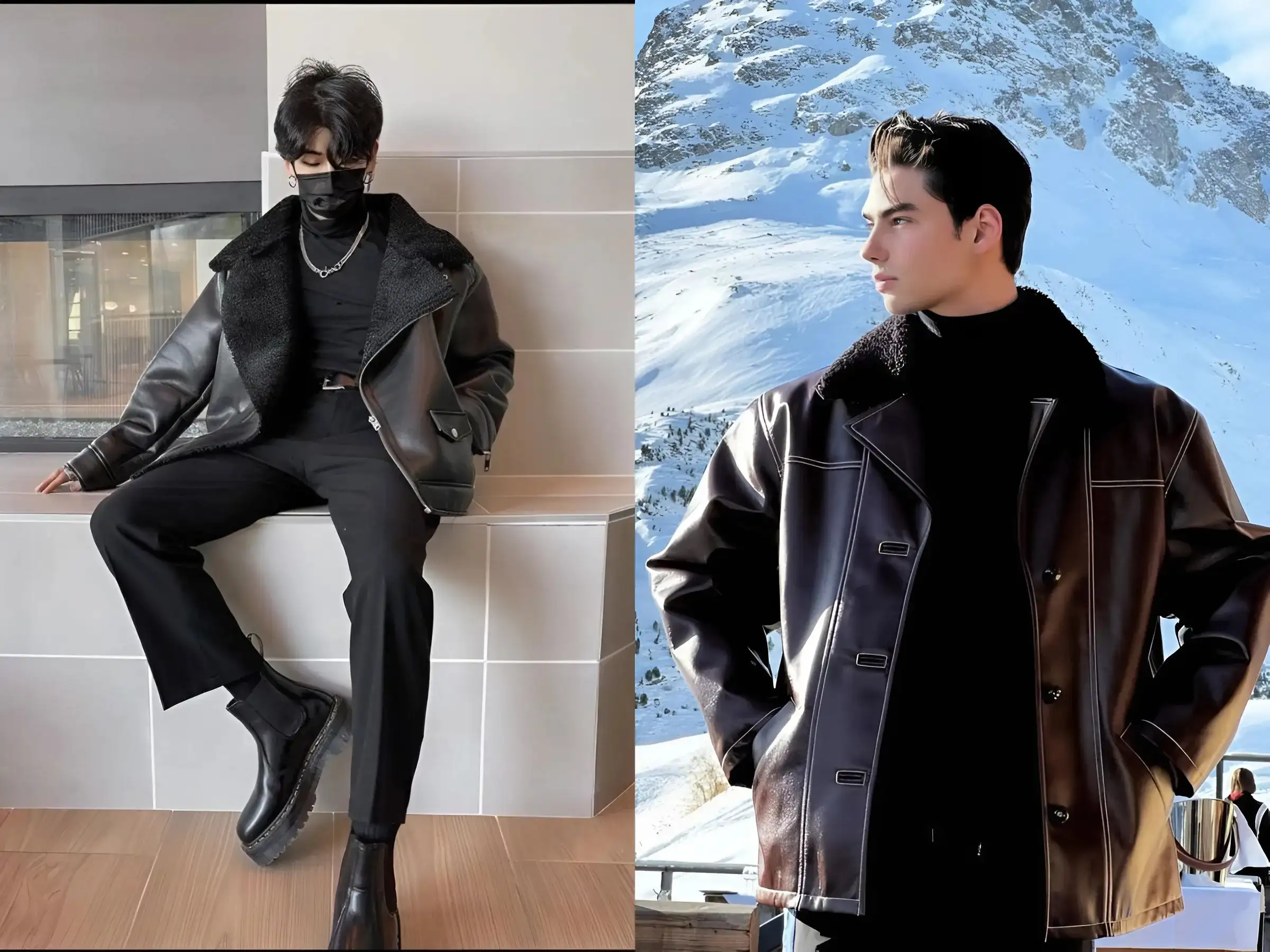 Áo khoác da Biker + Áo len mỏng cổ lọ/cổ tròn + Quần tây/Khaki dáng slim-fit màu đen/xám + Chelsea Boots da.