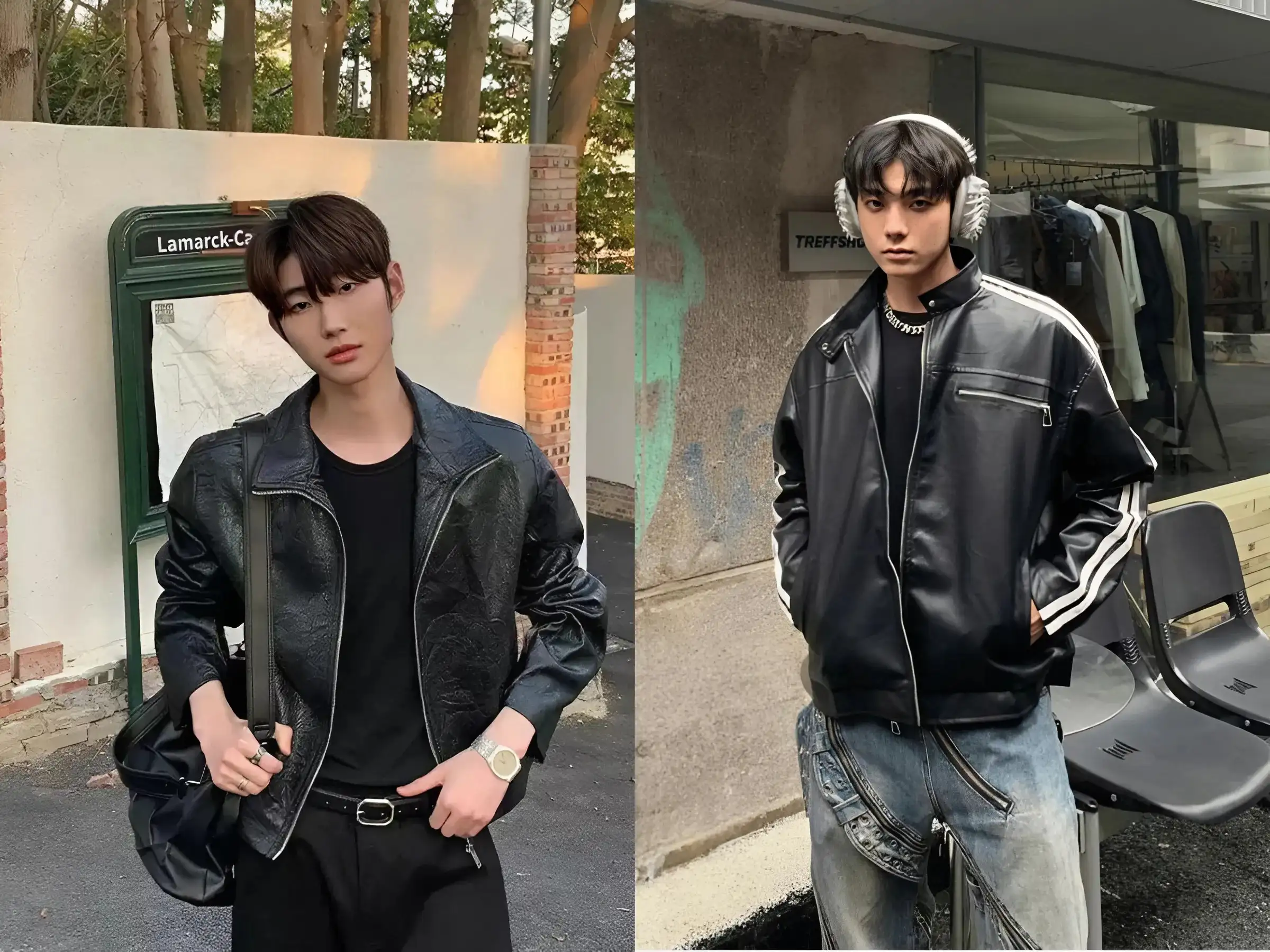 Áo khoác da Biker + Áo thun trơn + Quần Kaki/Jeans đen + Giày sneakers da màu tối.