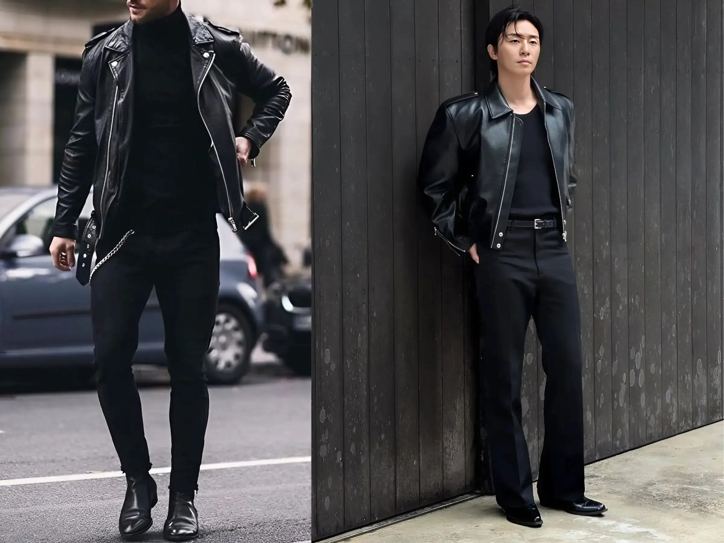Áo khoác da Biker đen + Áo thun/len đen + Quần Jeans/Kaki đen + Boots/Sneakers đen.