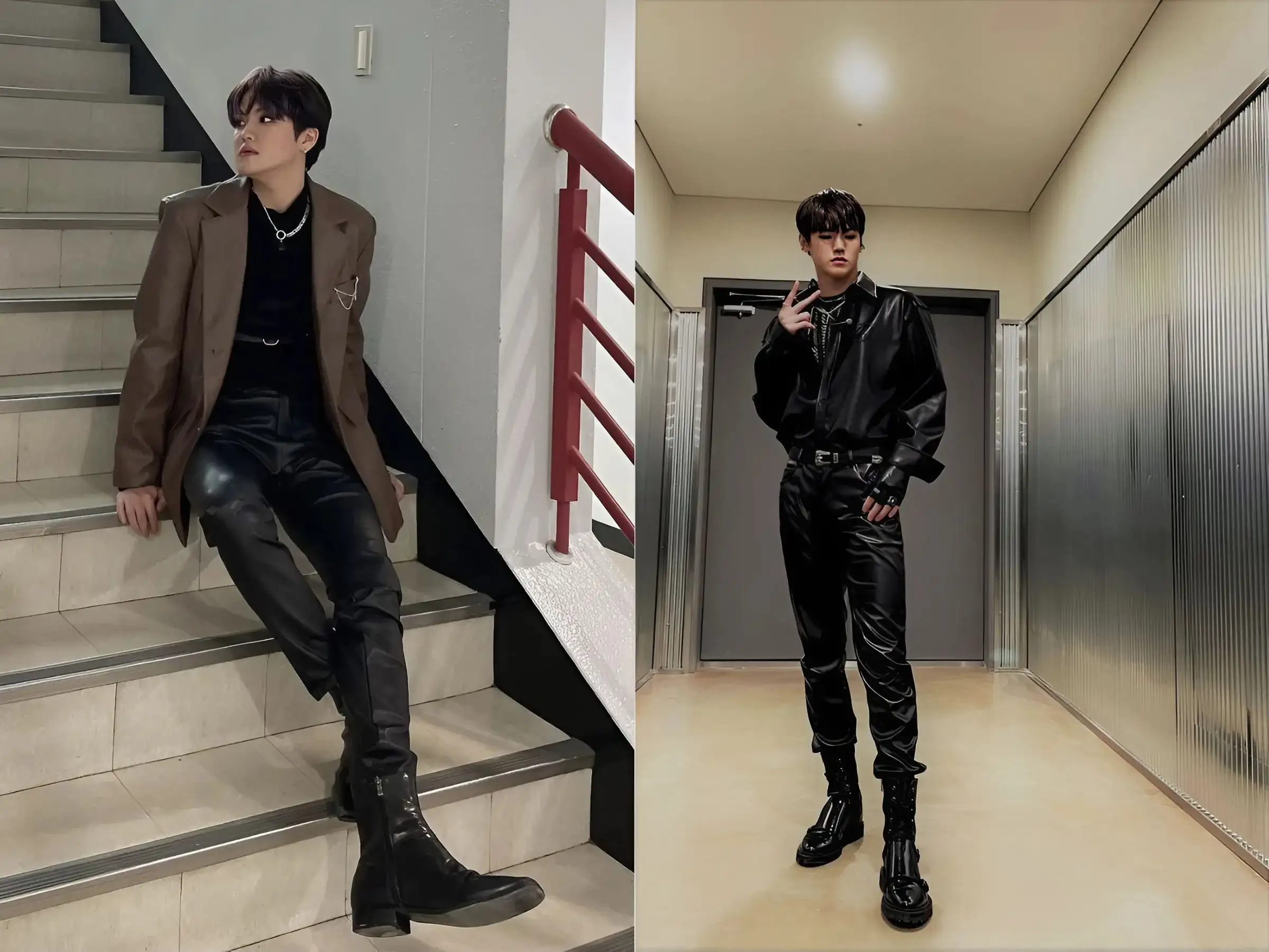 Áo khoác da Biker + Quần da/giả da + Áo thun/len tối màu + Boots da.