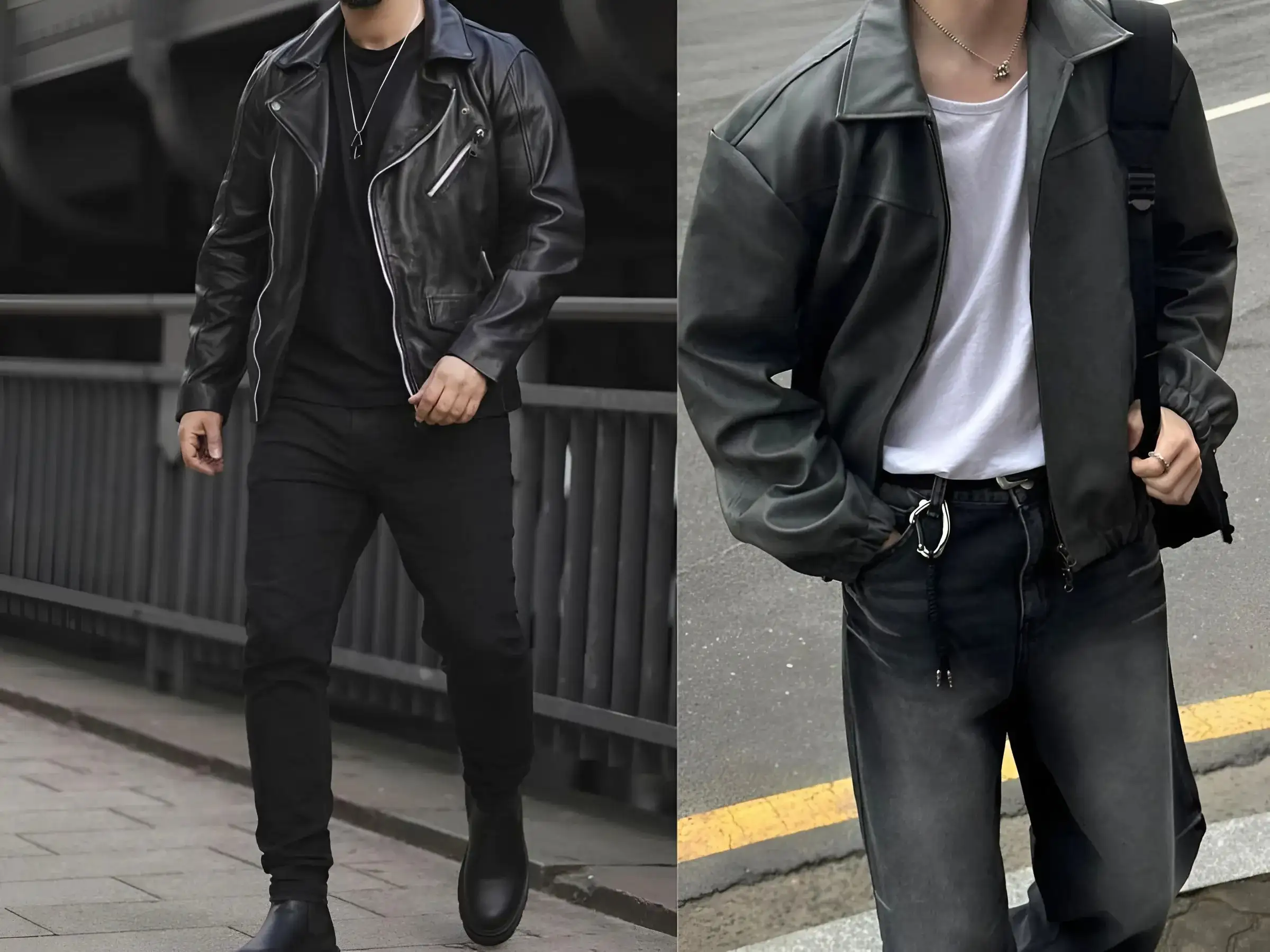 Áo khoác da Biker + Áo thun trơn trắng/đen + Quần Jeans slim-fit đen/xám + Boots da cổ cao/Chelsea Boots.