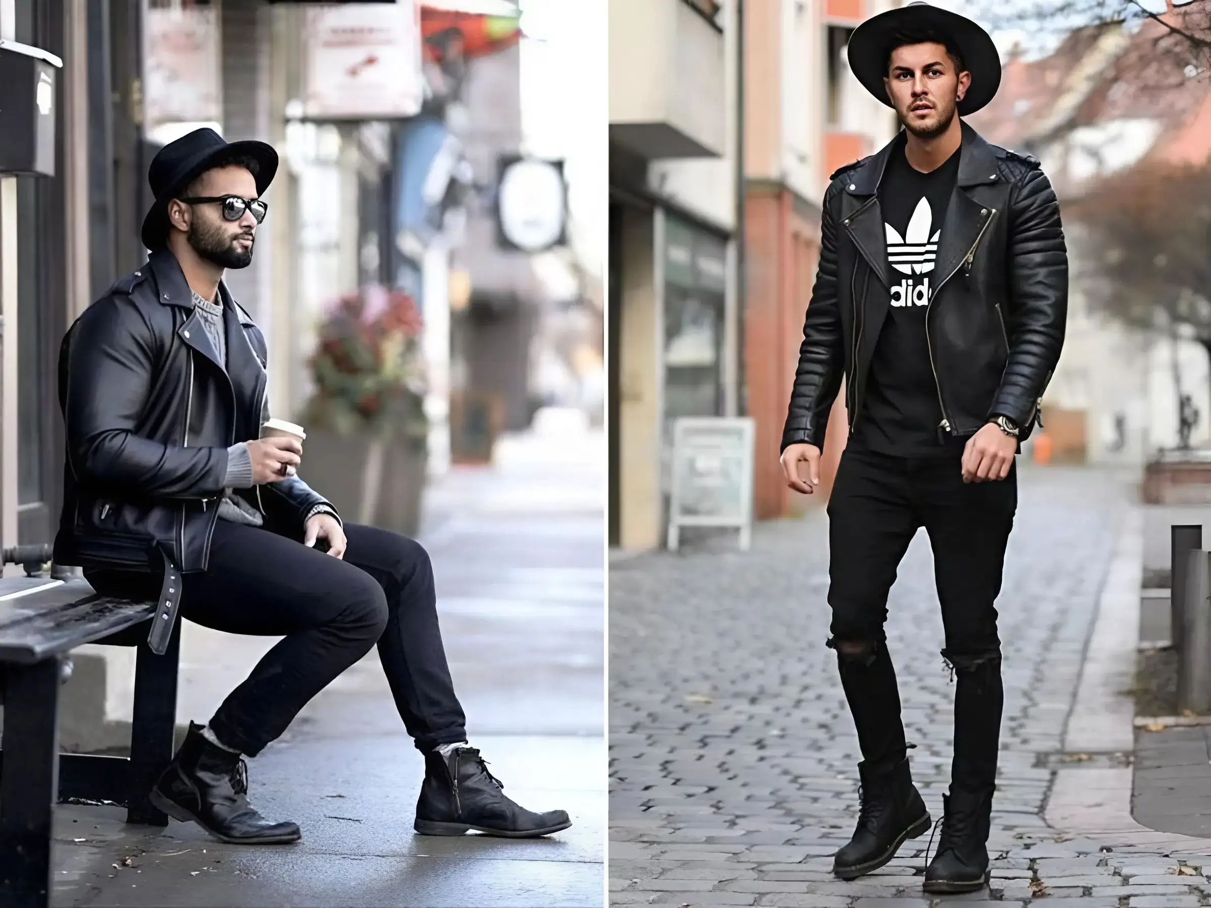 Áo khoác da Biker + Áo thun graphic/band tee + Quần Jeans rách gối + Combat Boots.