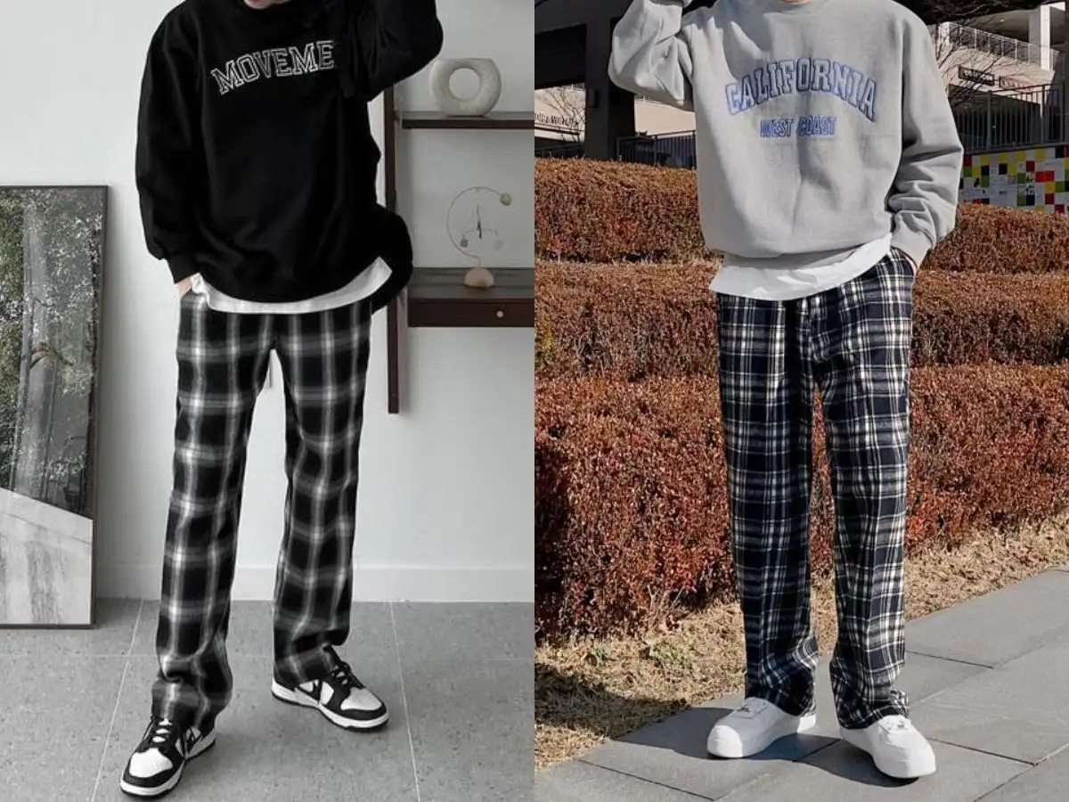 Phối áo hoodie, sweater cùng quần baggy caro