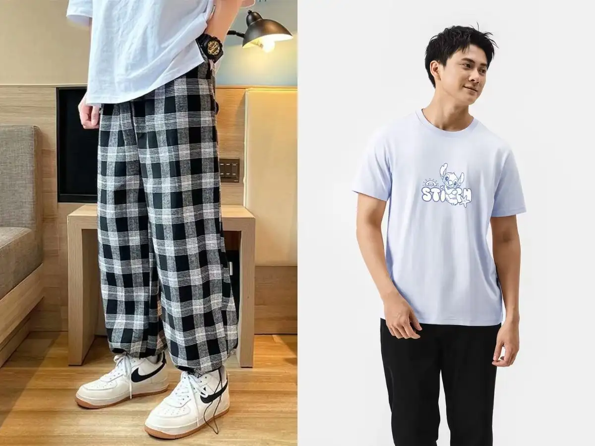 Phối áo thun và quần baggy caro nam