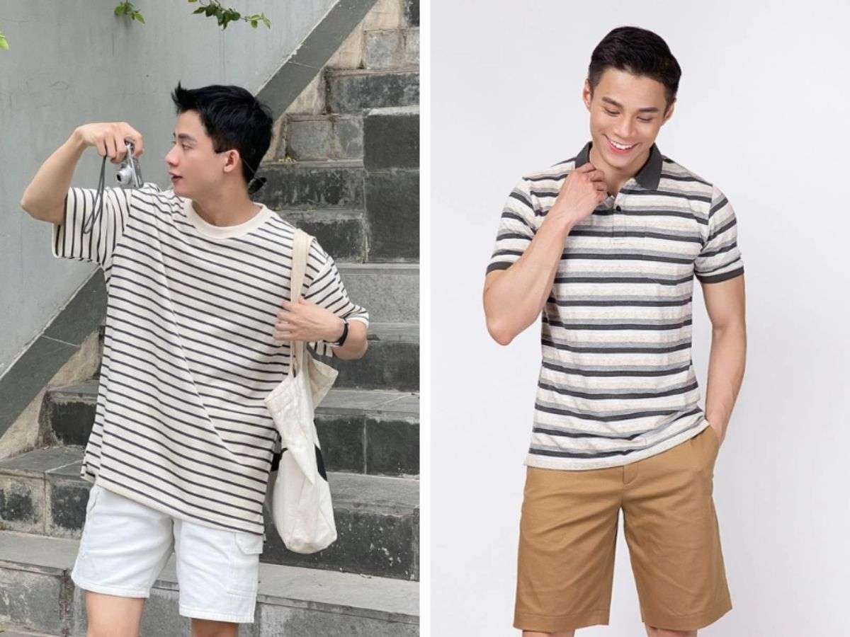 Áo kẻ sọc (thun, polo) + Quần basic (short hoặc quần dài màu trắng, navy, kaki) 