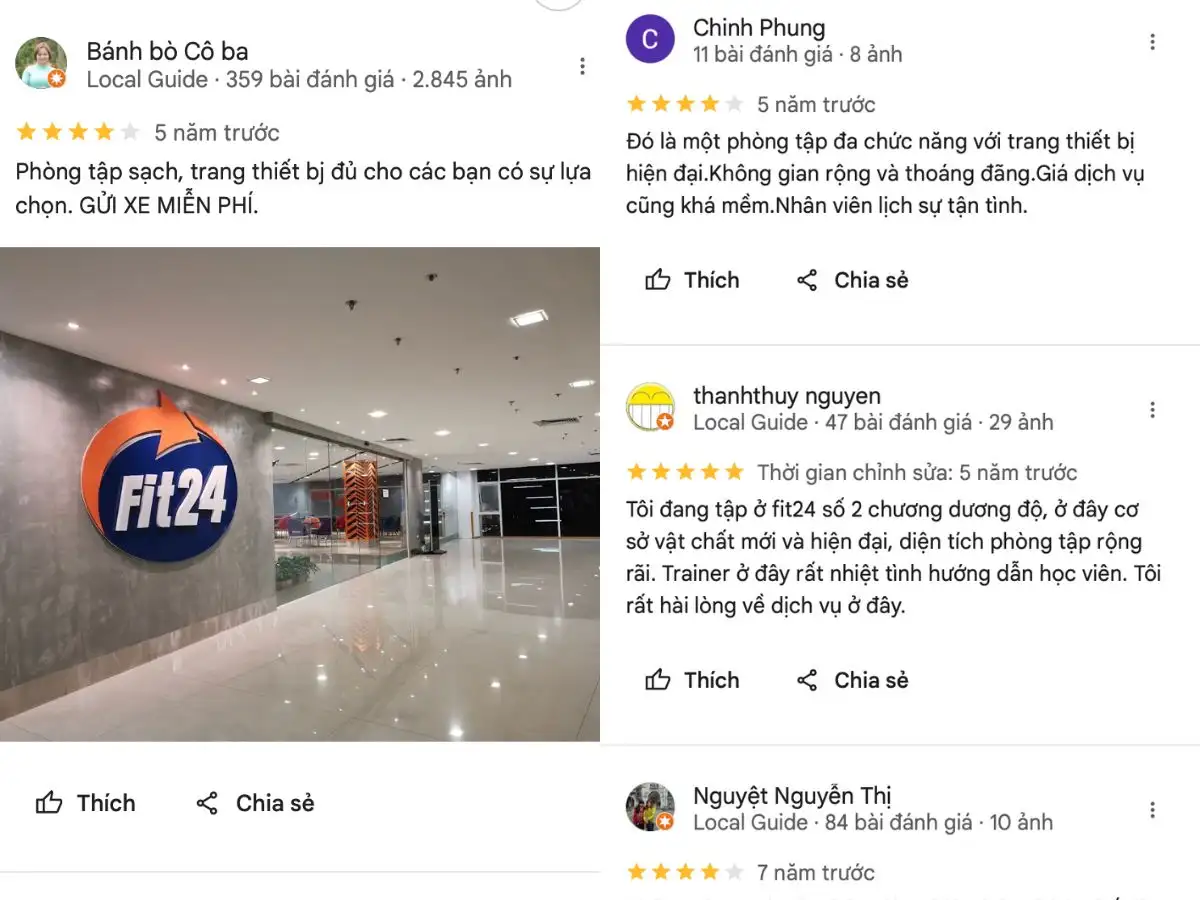 Đánh giá của khách hàng về phòng tập gym Fit24 Fitness & Yoga