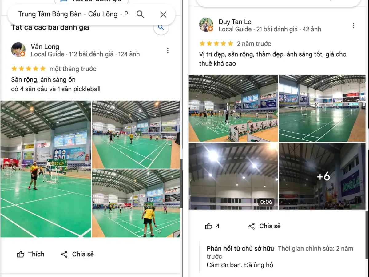 Đánh giá của người chơi tại sân cầu lông Trung tâm Duy Hưng 