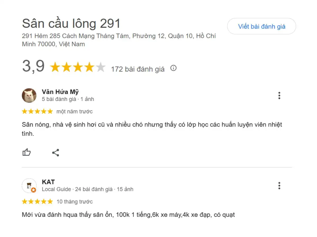 Review khách hàng về Sân Cầu Lông 291