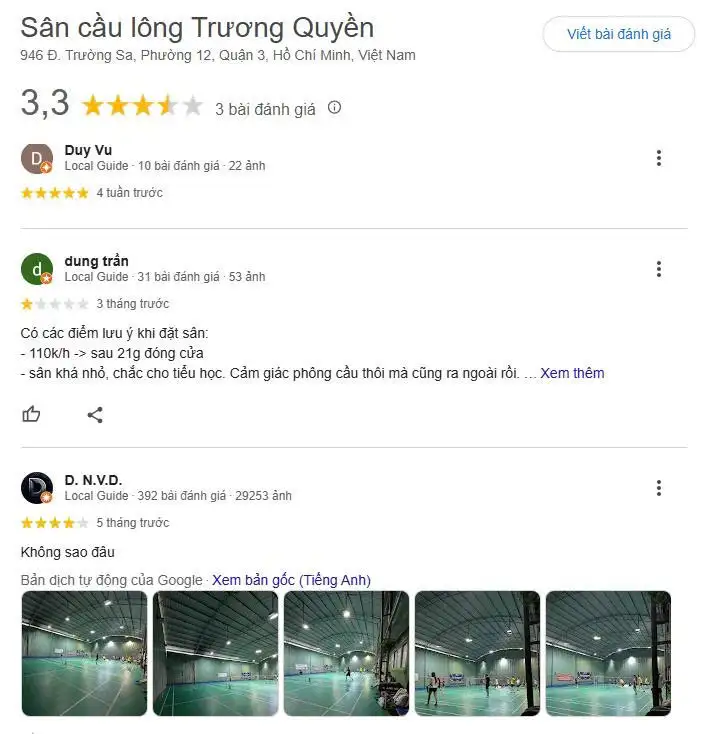 Tổng hợp các review về sân cầu lông Trương Quyền