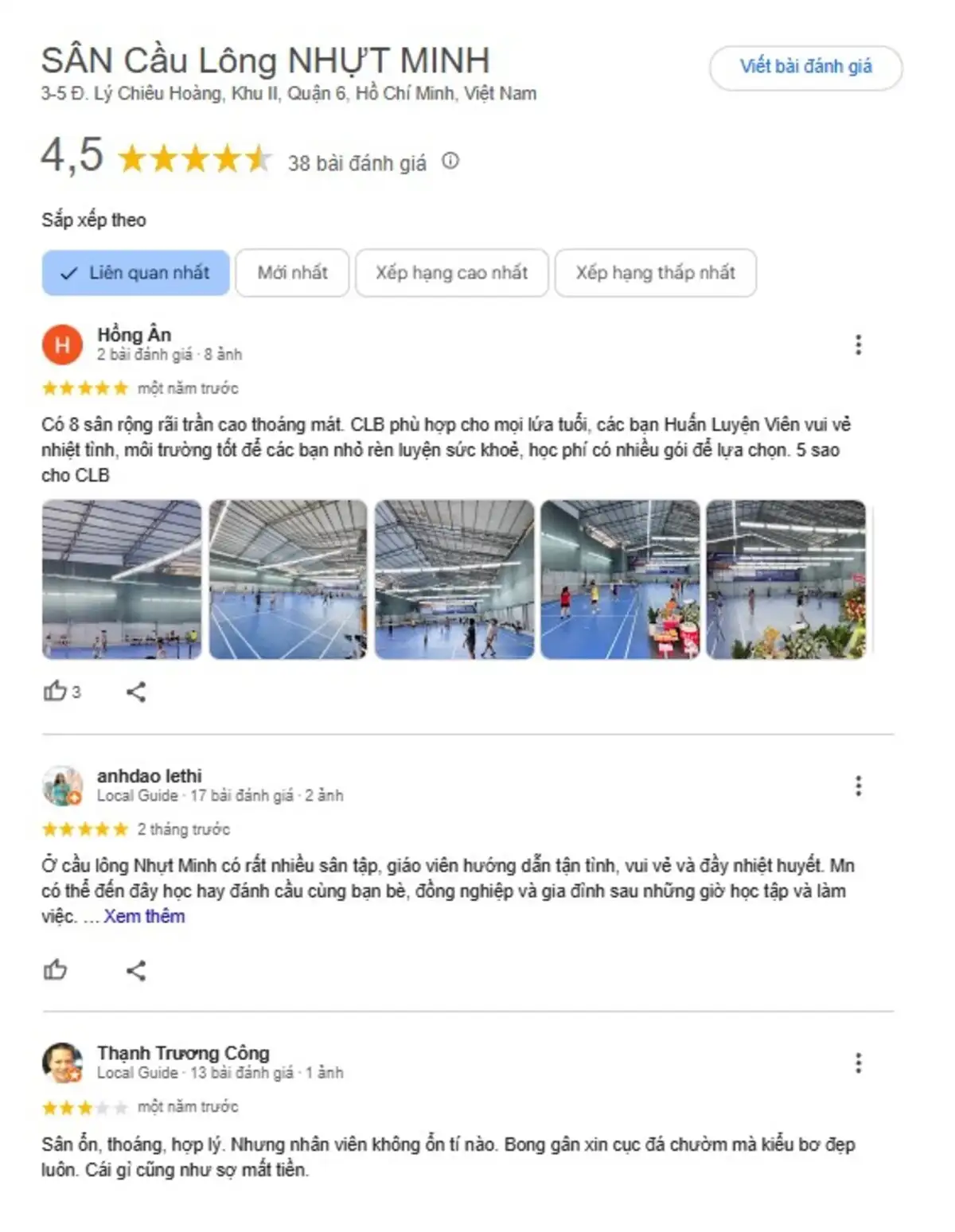 Đánh giá khách hàng sân cầu lông Nhựt Minh