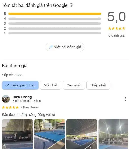 Đánh giá từ Google maps về sân Pickleball Xala