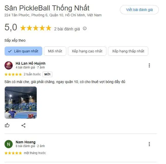 Các đánh giá về sân pickleball Thống Nhất