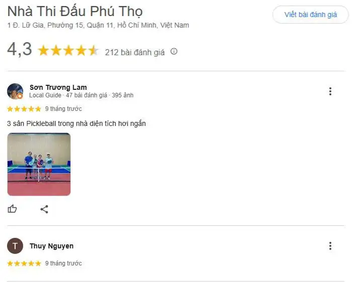 Các đánh giá về sân Pickleball Nhà thi đấu Phú Thọ