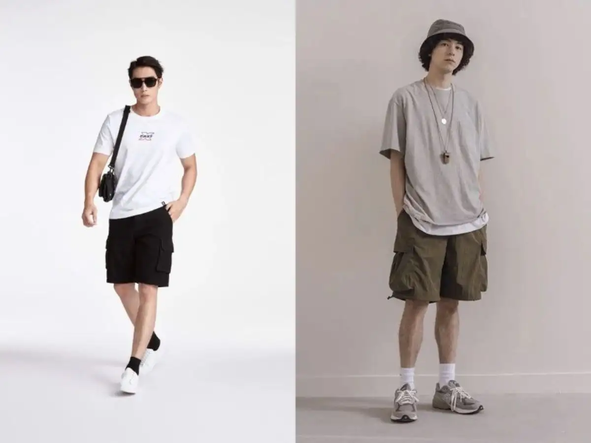 Khi trời nóng, bạn vẫn có thể giữ chất bụi bặm với combo áo thun, quần short kaki và sneakers