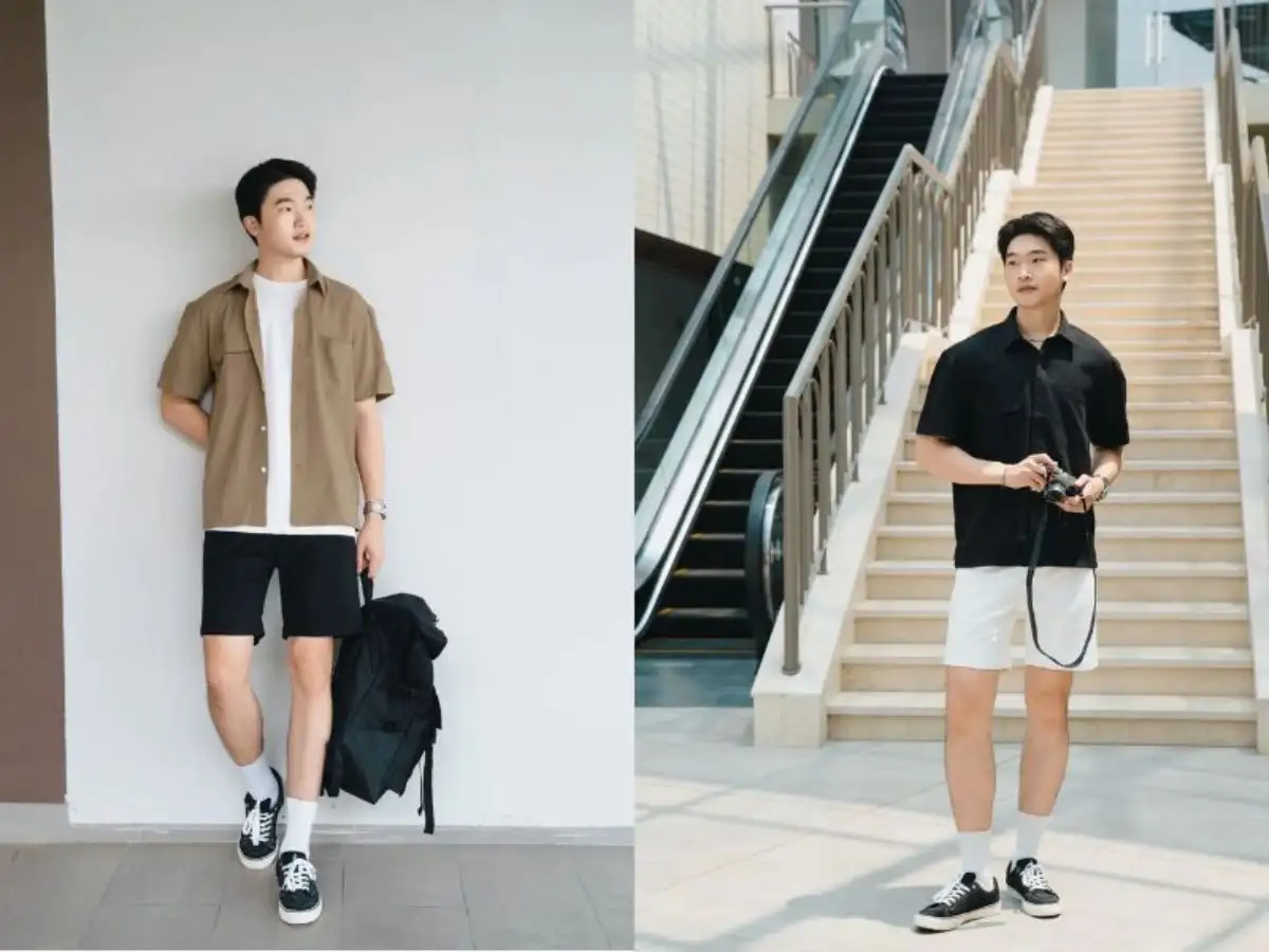 Phối áo sơ mi kaki nam với quần short trẻ trung