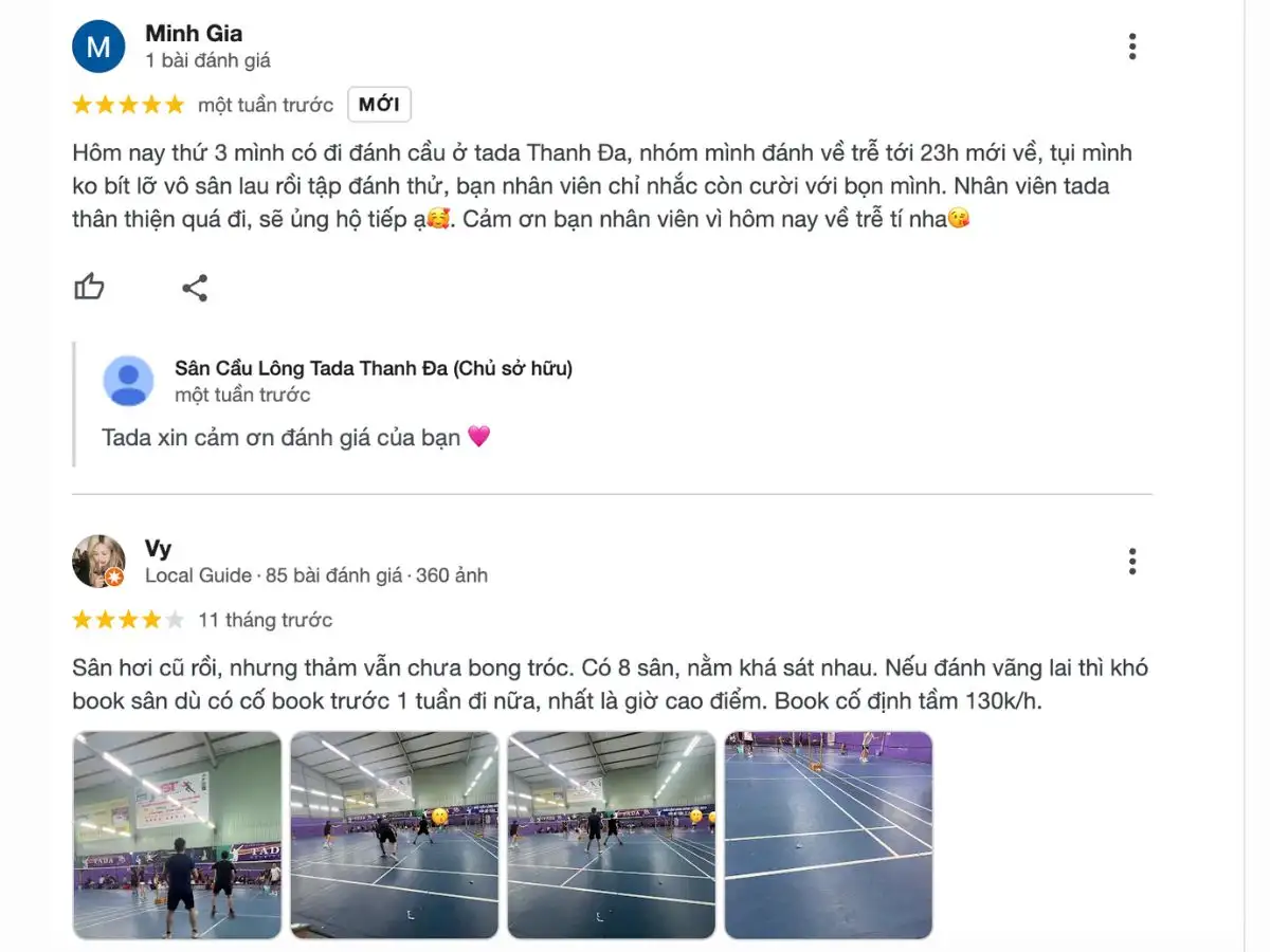 Review khách hàng về sân cầu lông TADA