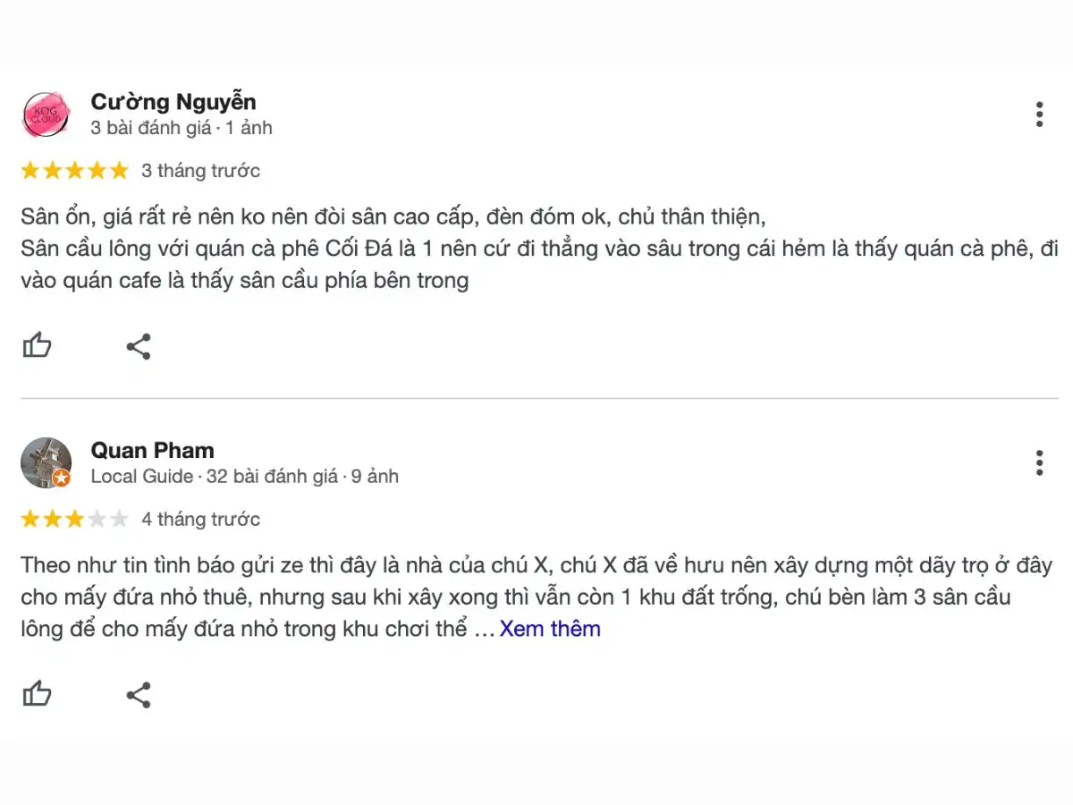 Review khách hàng về sân cầu lông Cối Đá 