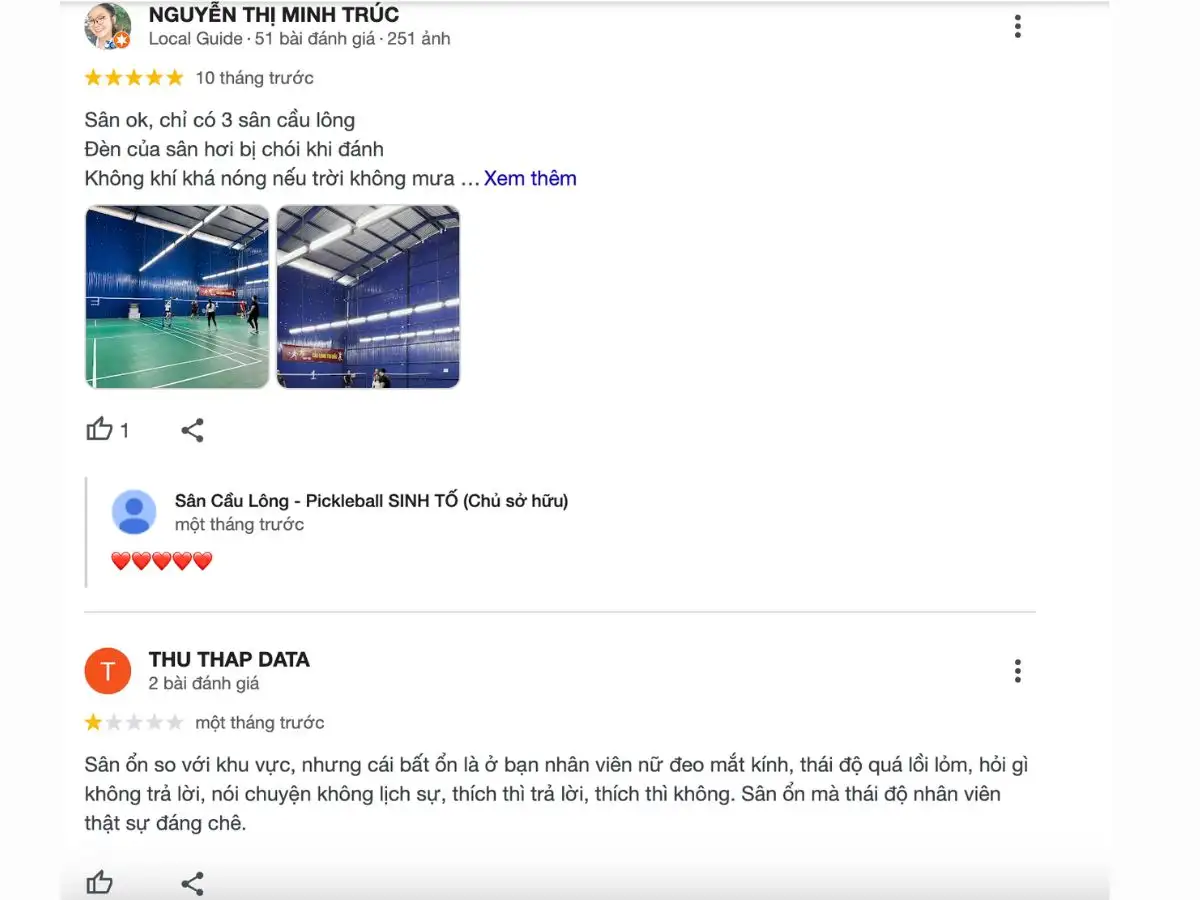 Review khách hàng về sân cầu lông Sinto Bình Thạnh