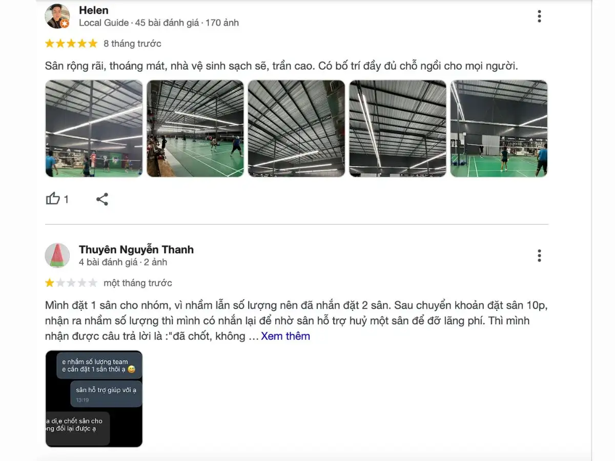 Review khách hàng về sân cầu lông Nơ Trang Long