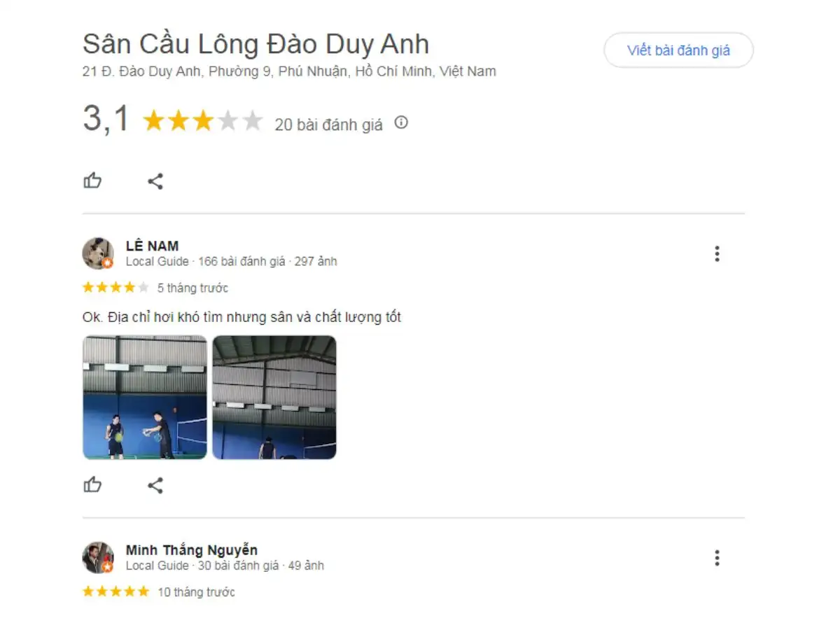 Đánh giá thực tế tại Sân cầu lông Đào Duy Anh