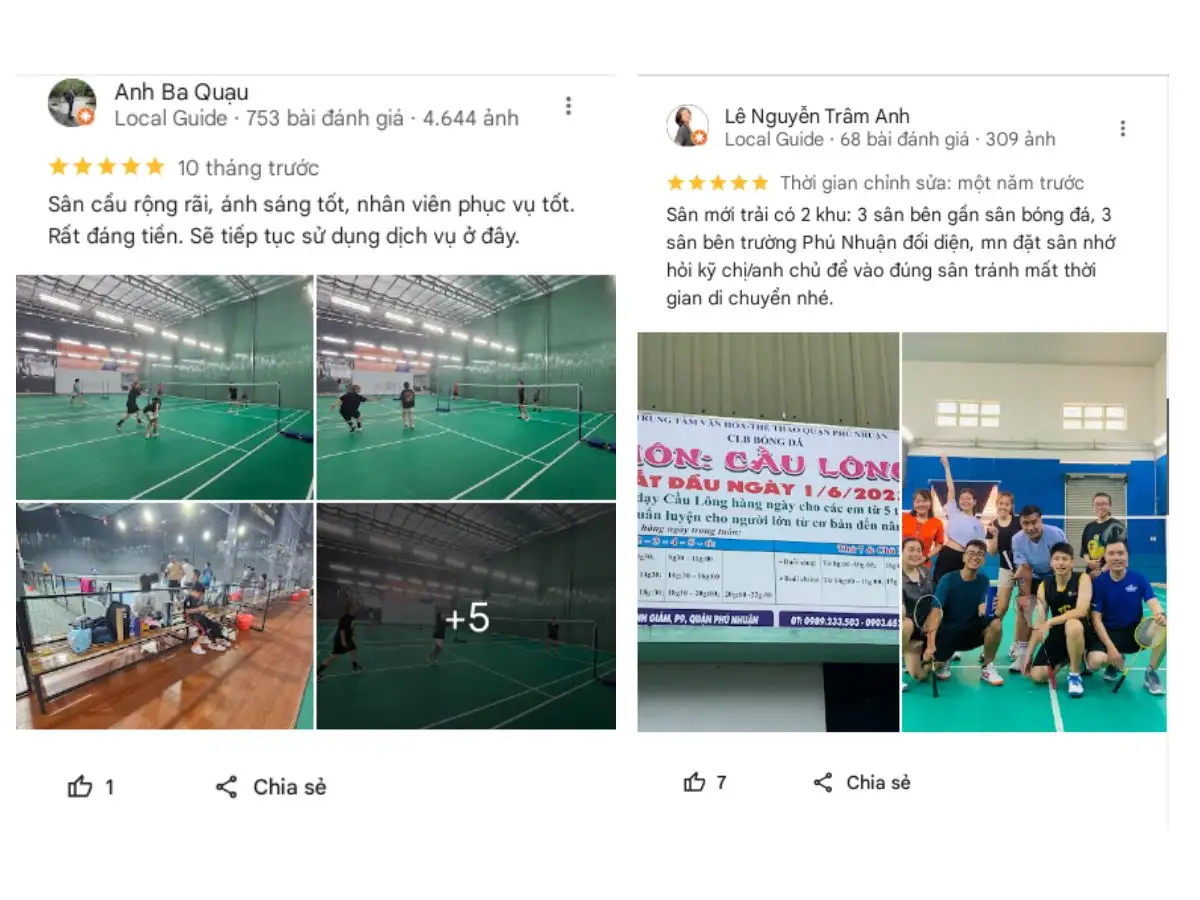 Đánh giá của người chơi tại sân cầu lông trường THPT Phú Nhuận