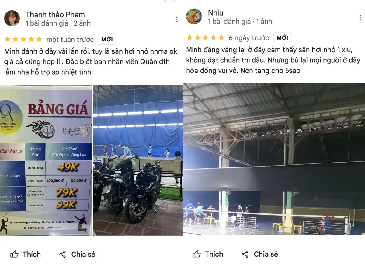 Review của khách hàng về sân cầu lông Quỳnh Anh