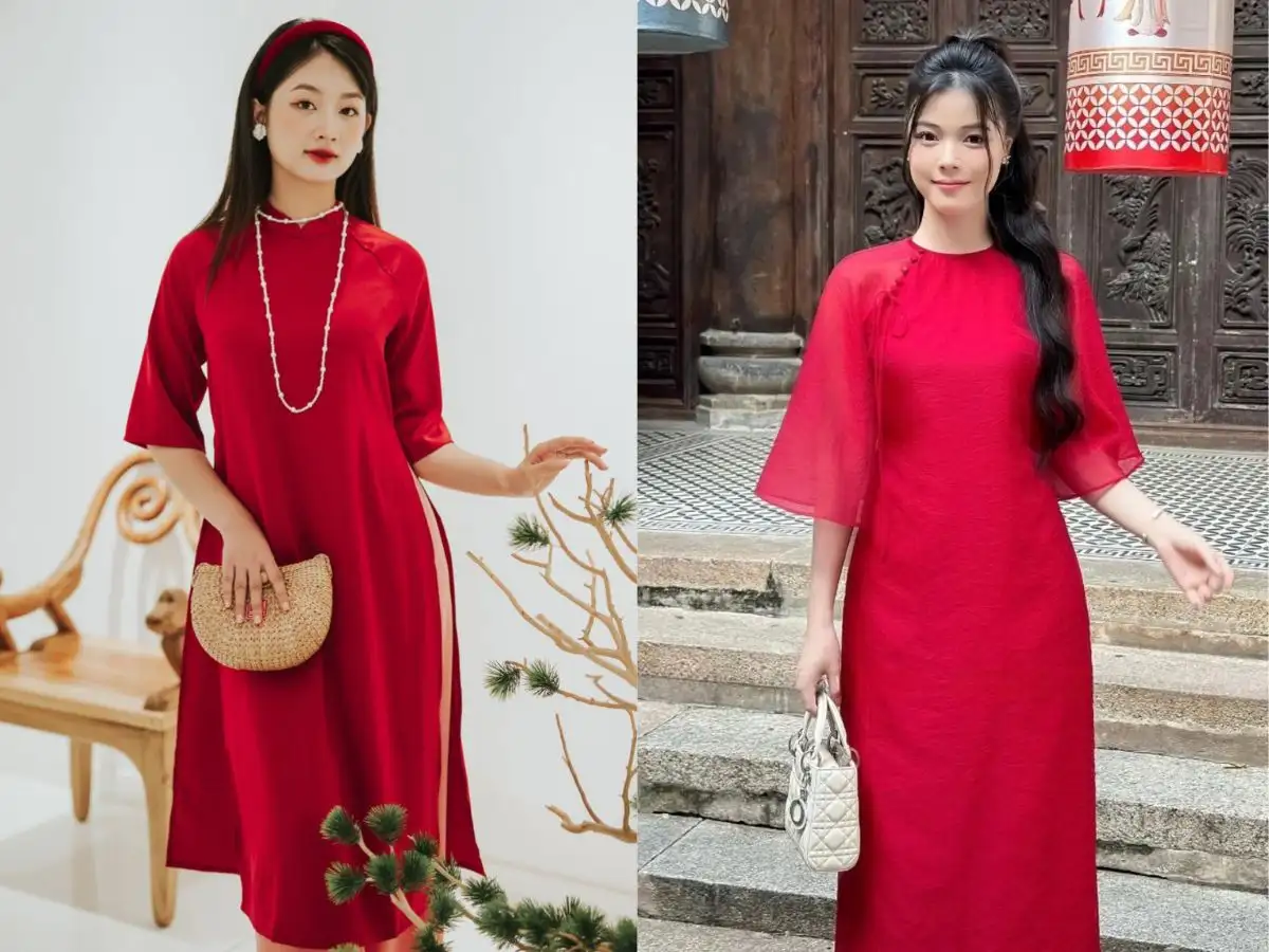 Áo dài đỏ cách tân là một món trang phục màu đỏ ngày Tết không thể thiếu