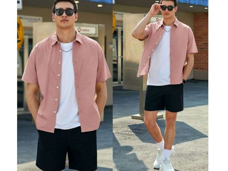 Quần short jean với áo sơ mi ngắn tay