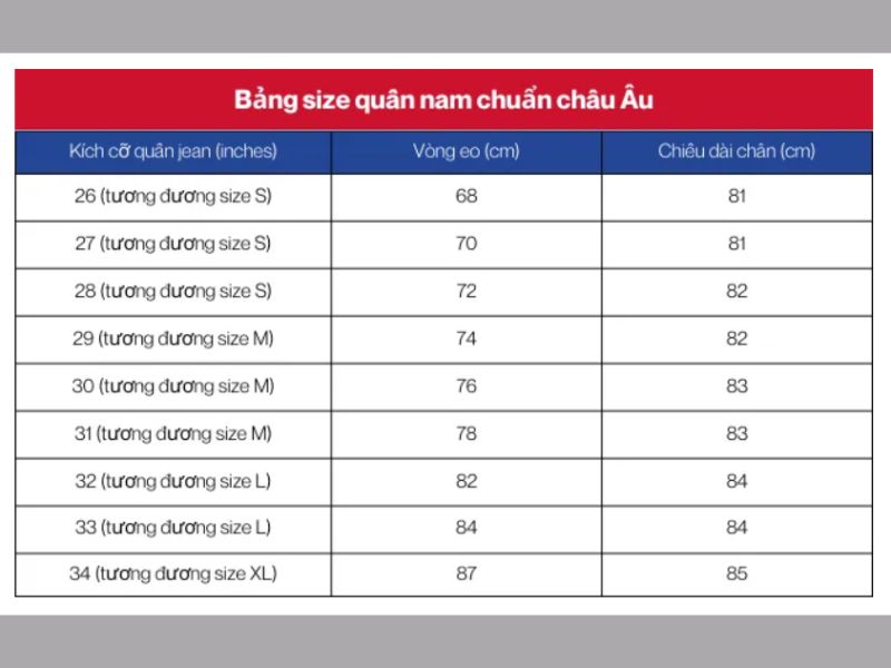 bảng size quần nam thương hiệu nổi tiếng