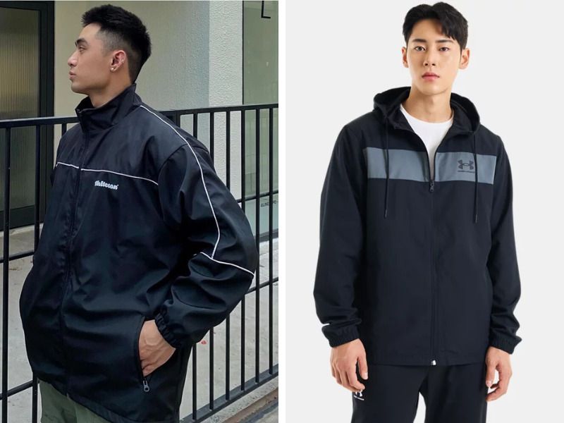 phối windbreaker jacket đen với áo thun hoặc áo polo