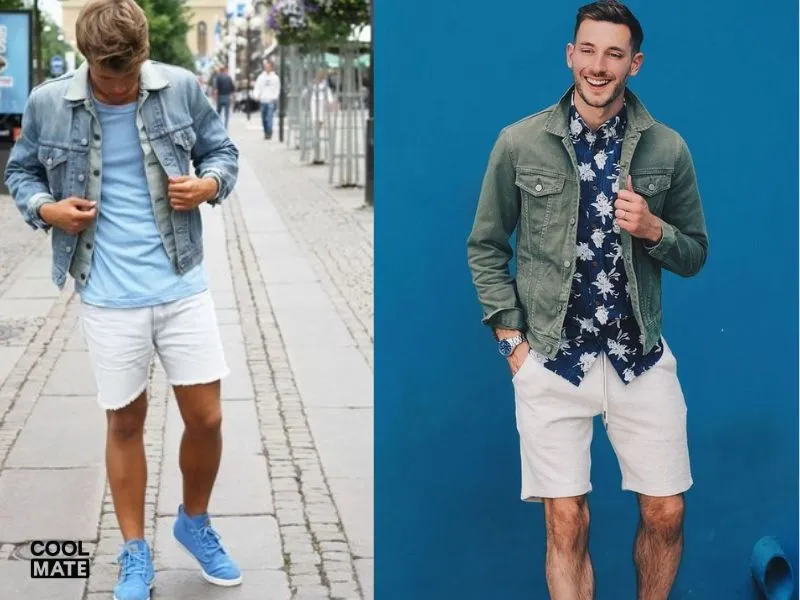 Phối quần short nam trắng với áo khoác denim