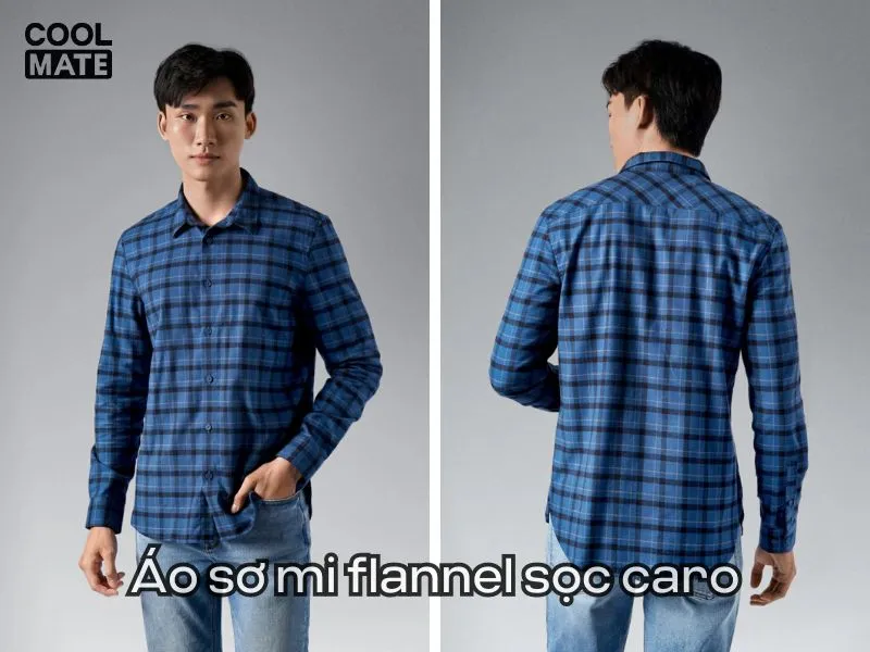 Mẫu áo sơ mi sọc xanh caro vải flannel sành điệu 