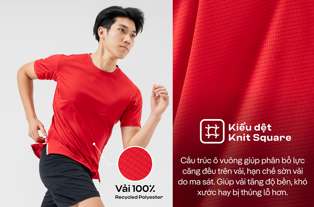 Cận cảnh cấu trúc dệt Knit Square và chất liệu 100% Recycled Polyester của áo thun chạy bộ Advanced V2