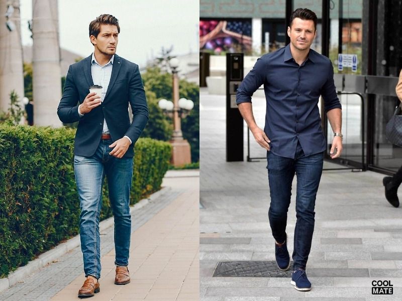 Áo sơ mi và quần jeans xanh đậm