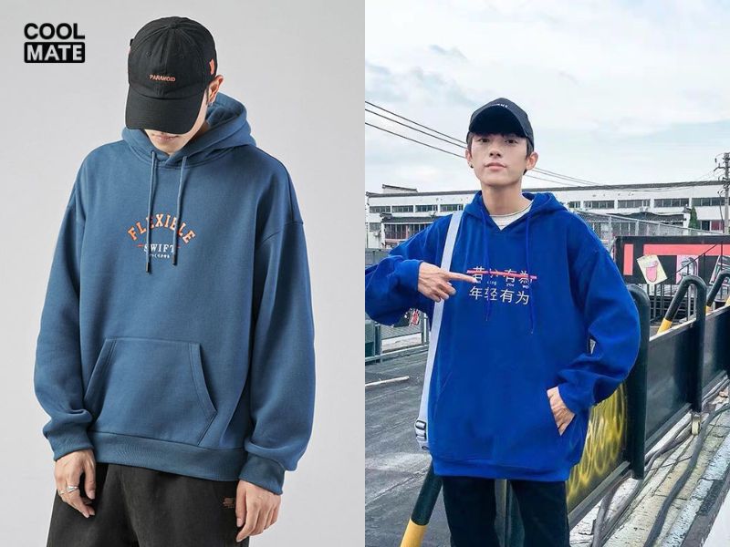 Áo hoodie màu xanh dương + Quần jogger màu đen