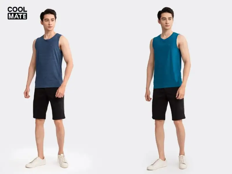 Áo tank top màu xanh + Quần shorts màu đen