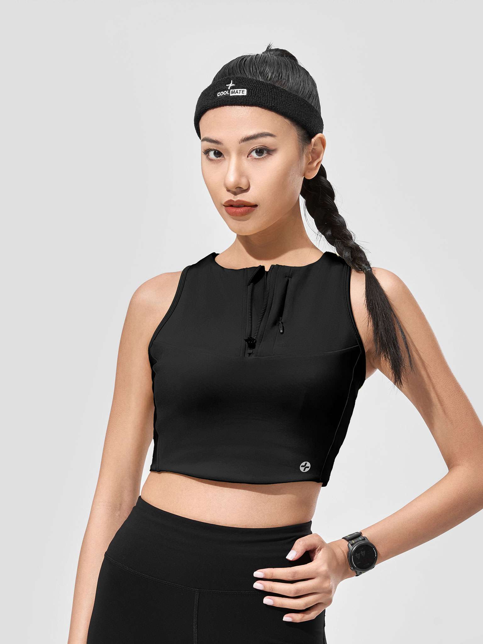 Áo Crop top Tank nữ Chạy bộ khoá zip