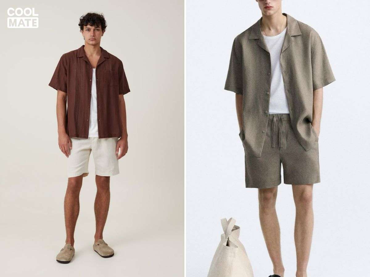 Sneaker trơn màu với quần short vải 