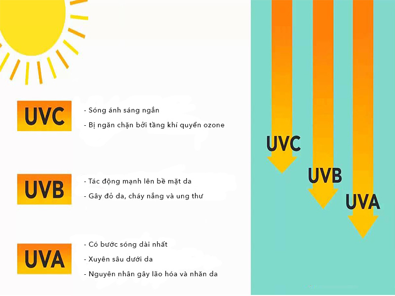 Tia UV gồm UVA, UVB và UVC